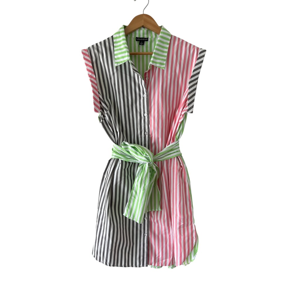 Thread Story 1X Striped Shirt Dress Pink Green Belted Sleeveless Summer Resort